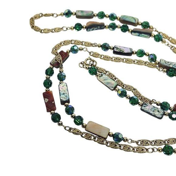 Heavy Gold Tone Snail Chain Necklace W/Abalone And AB Rhinestone Beads (5885) - Picture 8 of 8